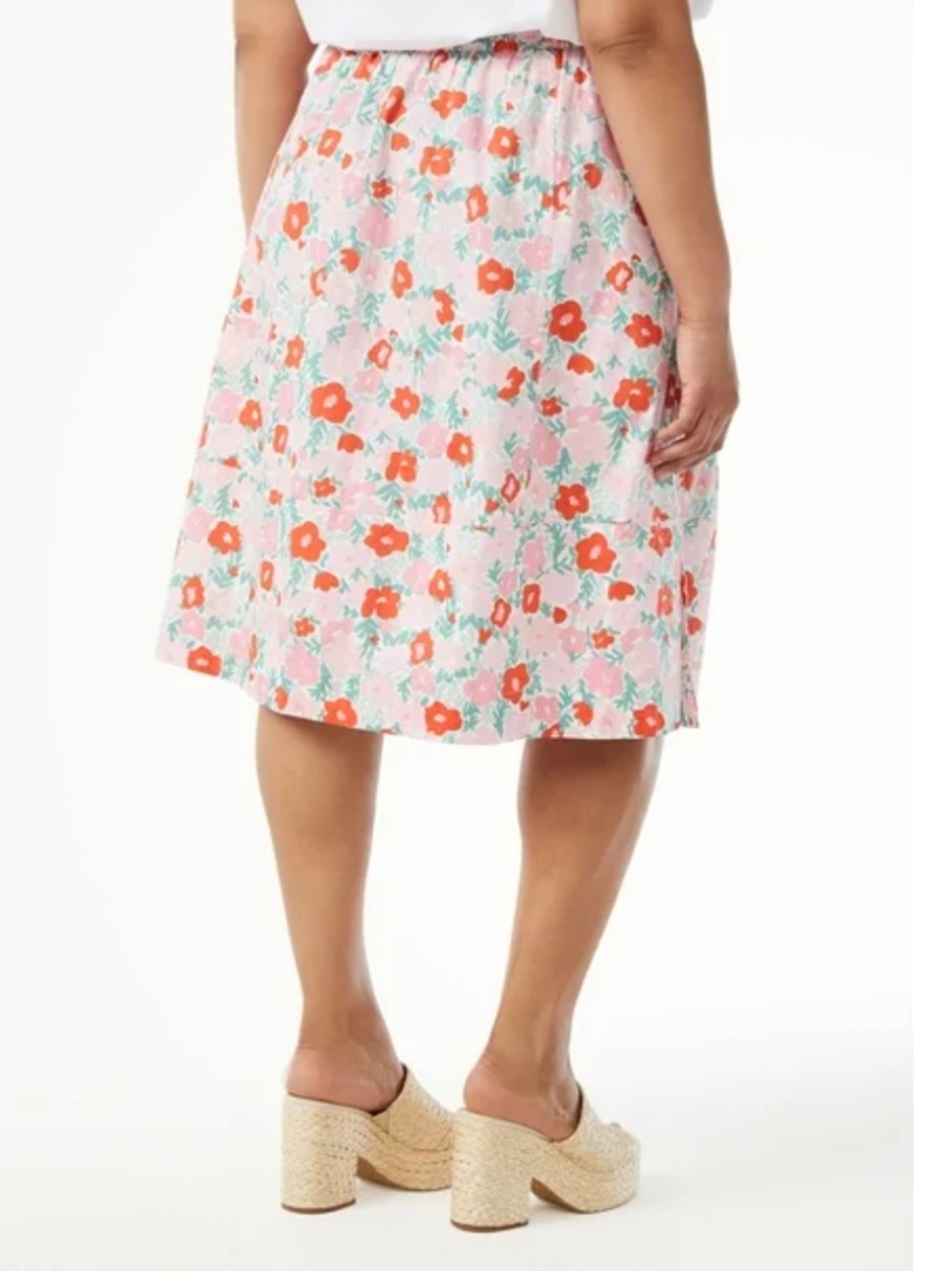 Free Assembly 100% Organic Cotton Groovy Floral Midi Skirt Pink & Orange Blooms